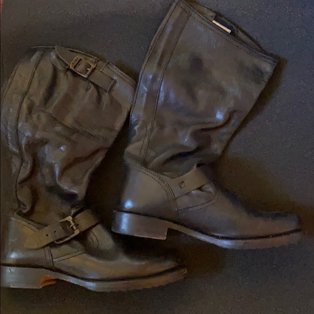 Black Frye Leather Boots with Buckle Accents